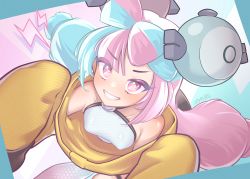 Rule 34 | 1girl, aqua hair, blush, breasts, character hair ornament, collarbone, commentary request, covered erect nipples, creatures (company), eyelashes, game freak, grin, hair ornament, highres, iono (pokemon), jacket, long hair, looking at viewer, nintendo, pink eyes, pink hair, pokemon, pokemon sv, sandrewf, sharp teeth, shirt, sleeveless, sleeveless shirt, small breasts, smile, solo, star (symbol), star in eye, symbol in eye, teeth, thigh strap, twintails, white shirt, yellow jacket