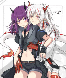 Rule 34 | 2girls, arknights, belt, belt buckle, black nails, black neckwear, black shirt, black shorts, blush, braid, buckle, chinese commentary, coat, commentary request, cowboy shot, demon girl, demon horns, dragon girl, dragon horns, dragon tail, duplicate, fang, half updo, hand on another&#039;s thigh, highres, horns, lava (arknights), lava the purgatory (arknights), long hair, looking at another, looking down, looking to the side, mabing, material growth, midriff, multiple girls, musical note, nail polish, navel, necktie, nian (arknights), official alternate costume, oripathy lesion (arknights), pointy ears, purple eyes, purple hair, red hair, shirt, short shorts, short sleeves, shorts, silver hair, skin fang, smile, standing, stomach, tail, white background, white coat, yuri