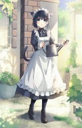 Rule 34 | 1girl, animal ears, apron, bekkourico, black dress, black hair, black pantyhose, blue eyes, blush, boots, cat ears, cat tail, day, dress, frills, hair ornament, hairclip, holding, long sleeves, looking at viewer, maid, maid apron, maid headdress, neck ribbon, original, outdoors, pantyhose, ribbon, short hair, solo, standing, tail, watering can