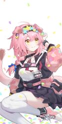 Rule 34 | 1girl, ahoge, animal ears, arknights, arm up, black choker, black hairband, black jacket, black skirt, braid, braided ponytail, cat ears, cat girl, cat tail, choker, closed mouth, coat, commentary request, confetti, cross-laced footwear, floppy ears, flower, goldenglow (arknights), hair flower, hair ornament, hairband, highres, infection monitor (arknights), jacket, lingyu ovo, long hair, long sleeves, looking to the side, multicolored coat, multicolored footwear, on ground, open clothes, open jacket, pink footwear, pink jacket, pleated skirt, shirt, shoes, sitting, skirt, smile, sneakers, solo, tail, thighhighs, two-tone coat, white background, white footwear, white shirt, white thighhighs, yellow eyes, yokozuwari