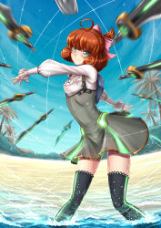 Rule 34 | 1girl, adsouto, ahoge, beach, blue sky, blush, bow, brown hair, curly hair, day, dress, freckles, glowing, green eyes, hair bow, highres, looking at viewer, motion blur, palm tree, penny polendina, rwby, short hair, sky, smile, solo, sword, thighhighs, tree, water, watermark, weapon