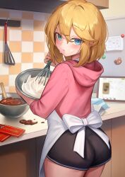 Rule 34 | 1boy, absurdres, apron, ass, back bow, black shorts, blonde hair, blue eyes, bow, bowl, bridget (guilty gear), commentary request, cooking, cowboy shot, from behind, guilty gear, hair between eyes, hakusyokuto, highres, holding, holding bowl, holding whisk, hood, hood down, hoodie, indoors, kitchen, looking at viewer, looking back, male focus, medium hair, paid reward available, parted lips, pink hoodie, short shorts, shorts, solo, trap, whisk, white apron, white bow