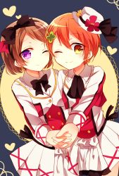 Rule 34 | 10s, 2girls, :3, bad id, bad pixiv id, bow, clover, collared shirt, ascot, cropped jacket, dokoda no dareka, double-breasted, earrings, flower, four-leaf clover, hair bow, hairband, holding hands, hat, hat flower, heart, heart-shaped pupils, highres, hoshizora rin, interlocked fingers, jewelry, koizumi hanayo, looking at viewer, love live!, love live! school idol festival, love live! school idol project, multiple girls, one eye closed, shirt, skirt, symbol-shaped pupils, yuri