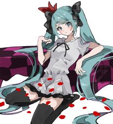 Rule 34 | 1girl, :&lt;, aqua eyes, black bow, black ribbon, blush, bow, checkered background, checkered blanket, commentary, dress, grey dress, hair bow, hand in own hair, hatsune miku, highres, inu totemo, leaning back, limp wrist, long hair, looking at viewer, petals, project diva (series), ribbon, rose petals, seiza, sitting, solo, supreme (module), thighhighs, twintails, very long hair, vocaloid, white background, world is mine (vocaloid), zettai ryouiki