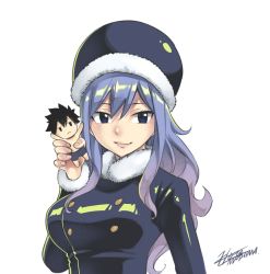 Rule 34 | 1girl, blue eyes, blue hair, breasts, brown thighhighs, hair between eyes, hat, juvia lockser, large breasts, long hair, looking at viewer, mashima hiro, official art, simple background, thighhighs, white background