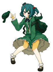 Rule 34 | 1girl, amonitto, backpack, bag, between legs, blush, bomb, clothes lift, dress, explosive, frilled skirt, frills, green eyes, green hair, hair bobbles, hair ornament, hand between legs, hat, unworn hat, unworn headwear, kawashiro nitori, key, long sleeves, looking at viewer, mary janes, matching hair/eyes, open mouth, pigeon-toed, pocket, ribbon, shirt, shoes, short hair, short twintails, skirt, skirt lift, skirt set, socks, solo, touhou, twintails, two side up