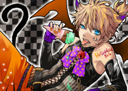 Rule 34 | 1boy, :p, bat wings, blonde hair, blue eyes, bow, cat tail, costume, detached sleeves, fingerless gloves, food, gloves, hakuseki, halloween, highres, ice cream, kagamine len, male focus, nail polish, orange nails, ponytail, solo, tail, tongue, tongue out, vocaloid, wings