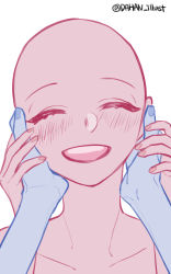 Rule 34 | 1girl, 1other, ^ ^, bald, bald girl, blue nails, blue skin, closed eyes, collarbone, colored skin, dahan, hands on another&#039;s cheeks, hands on another&#039;s face, highres, korean commentary, nail polish, open mouth, original, pink nails, pink skin, portrait, pov, smile, solo focus, template, twitter username, white background