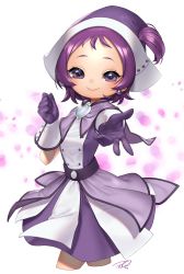 Rule 34 | 1girl, absurdres, capelet, closed mouth, cropped legs, dress, earrings, gloves, hand up, hat, heart, highres, jewelry, looking at viewer, magical girl, ojamajo doremi, one side up, outstretched arm, puchiman, purple capelet, purple dress, purple eyes, purple gloves, purple hair, purple hat, segawa onpu, short hair, simple background, smile, solo, two-tone dress, two-tone gloves, two-tone headwear, white background, white dress, white gloves, white hat