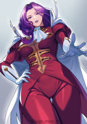 Rule 34 | 1girl, absurdres, breasts, cape, code geass, cornelia li britannia, dutch angle, gloves, hand on own hip, highres, juliet sleeves, kagematsuri, large breasts, lipstick, long hair, long sleeves, looking at viewer, looking down, makeup, parted lips, puffy sleeves, purple eyes, purple hair, purple lips, simple background, solo, standing, thigh gap, white cape, white gloves
