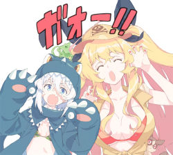 Rule 34 | 2girls, anne bonny (fate), bikini, bikini top only, blonde hair, blue eyes, breasts, chameleon, claw pose, dinosaur costume, closed eyes, fate/grand order, fate (series), hat, large breasts, lemur, mary read (fate), multiple girls, scar, scar on face, small breasts, swimsuit, t-okada, white background, white hair