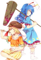Rule 34 | 2girls, ambiguous red liquid, animal ears, baggy shorts, blonde hair, blood, bloody weapon, bloomers, blue dress, blue hair, braid, rabbit ears, chikuwa savy, collarbone, crescent, crop top, dango, dress, earclip, eating, floppy ears, food, hat, highres, holding, kine, long hair, mallet, midriff, multi-tied hair, multiple girls, over shoulder, puffy short sleeves, puffy shorts, puffy sleeves, red eyes, ringo (touhou), seiran (touhou), shirt, short hair, short sleeves, shorts, sitting, smile, socks, stain, star (symbol), touhou, twin braids, underwear, wagashi, weapon, white background