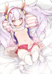 Rule 34 | 1girl, absurdres, animal ears, azur lane, bad id, bad twitter id, bed, breasts, clothes lift, fake animal ears, groin, hair ornament, headband, highres, jacket, laffey (azur lane), light purple hair, long hair, looking at viewer, medium breasts, navel, panties, pillow, red eyes, skirt, skirt lift, solo, striped clothes, striped panties, thighhighs, twintails, underboob, underwear, white thighhighs