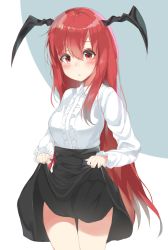 Rule 34 | 1girl, alternate costume, bat wings, blush, breasts, clothes lift, emushake, head wings, highres, koakuma, long hair, long sleeves, looking at viewer, meme attire, no wings, red eyes, red hair, shirt, simple background, skirt, skirt lift, solo, touhou, virgin killer outfit, wings