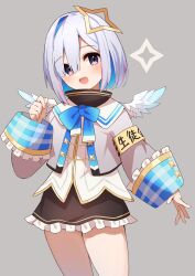 Rule 34 | 1girl, amane kanata, amane kanata (1st costume), angel wings, armband, asymmetrical bangs, asymmetrical hair, black skirt, blue bow, blue bowtie, blue hair, blue wings, blush, bob cut, bow, bowtie, colored inner hair, commentary, cowboy shot, cropped jacket, feathered wings, fragir, frilled skirt, frills, gradient wings, grey background, grey hair, grey jacket, hair over one eye, halo, hand up, highres, hololive, jacket, long sleeves, looking at viewer, mini wings, miniskirt, multicolored hair, multicolored wings, open mouth, pink hair, purple eyes, sailor collar, shirt, short hair, simple background, single hair intake, skirt, sleeve cuffs, smile, solo, standing, star halo, streaked hair, turtleneck, virtual youtuber, white shirt, white wings, wide sleeves, wings, yellow halo