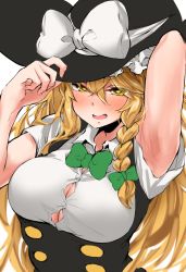 Rule 34 | 1girl, adjusting clothes, adjusting headwear, arm behind head, armpits, black headwear, blonde hair, blush, bow, bowtie, braid, breasts, bursting breasts, button gap, commentary, frilled hat, frills, green bow, hair bow, hat, hat bow, highres, holding, holding clothes, holding hat, kirisame marisa, large breasts, long hair, retoruto, shirt, tight clothes, tight shirt, touhou, very long hair, white bow, white shirt, witch hat, yellow eyes
