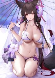 Rule 34 | 1girl, an yasuri, animal ears, banned artist, bare shoulders, blue archive, breasts, brown eyes, brown hair, flower, fox ears, hair between eyes, hair flower, hair ornament, highres, large breasts, long hair, looking at viewer, open mouth, parasol, solo, stomach, swimsuit, tail, thighs, umbrella, wakamo (blue archive)