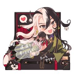 Rule 34 | 1boy, ashiya douman (fate), asymmetrical clothes, asymmetrical hair, bag, bell, black eyes, black hair, blush, chibi, curly hair, earrings, eyeshadow, fate/grand order, fate (series), fingernails, green eyeshadow, green kimono, green lips, green nails, hair bell, hair between eyes, hair intakes, hair ornament, in bag, in container, japanese clothes, jewelry, kimono, lipstick, long hair, magatama, magatama earrings, makeup, male focus, mizuki (mz), multicolored hair, nail polish, open clothes, open kimono, ribbed sleeves, sharp fingernails, smile, solo, split-color hair, translation request, two-tone hair, very long fingernails, very long hair, white hair