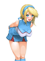Rule 34 | 1girl, blonde hair, blue eyes, breasts, cheerleader, hanging breasts, heroman, kano (kanograph), large breasts, leaning forward, lina davis, open mouth, simple background, skirt, smile, solo, white background