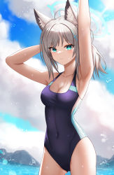Rule 34 | 1girl, absurdres, animal ear fluff, animal ears, arm behind head, armpits, arms up, bare shoulders, black one-piece swimsuit, blue archive, blue eyes, blue sky, breasts, cleavage, cloud, collarbone, competition swimsuit, covered navel, cowboy shot, cross hair ornament, day, extra ears, fox girl, grey hair, hair ornament, halo, highres, looking at viewer, medium breasts, medium hair, melreon, mismatched pupils, multicolored clothes, multicolored swimsuit, one-piece swimsuit, outdoors, presenting armpit, shiroko (blue archive), shiroko (swimsuit) (blue archive), sky, solo, standing, swimsuit, water