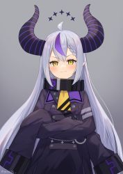 Rule 34 | 1girl, ahoge, ascot, black dress, blush, braid, closed mouth, collar, commentary, crossed arms, demon horns, dress, fangs, fangs out, highres, hololive, holox, horns, la+ darknesss, la+ darknesss (1st costume), long hair, long sleeves, looking at viewer, metal collar, mirai (mirai76 ), multicolored hair, purple hair, silver hair, sleeves past fingers, sleeves past wrists, solo, streaked hair, striped horns, symbol-only commentary, twitter username, v-shaped eyebrows, very long hair, virtual youtuber, yellow ascot, yellow eyes