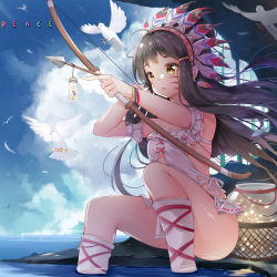 Rule 34 | 1girl, absurdres, ahoge, ass, bird, black hair, bow (weapon), breasts, brown hair, chintora0201, commentary request, dove, english text, facial mark, feathers, hair ornament, headdress, highres, holding, holding weapon, long hair, microskirt, multicolored hair, native american, native american headdress, no panties, ocean, open mouth, original, sitting, skirt, small breasts, solo, thighs, two-tone hair, water, weapon, white skirt, yellow eyes
