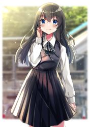 Rule 34 | 1girl, bad id, bad pixiv id, black hair, blue eyes, blurry, blurry background, blush, closed mouth, collared shirt, commentary request, depth of field, dress, fang, fang out, green ribbon, hair between eyes, hand up, highres, long hair, long sleeves, minami saki, neck ribbon, original, pinafore dress, pleated dress, puffy long sleeves, puffy sleeves, ribbon, school uniform, shirt, sleeveless, sleeveless dress, sleeves past wrists, smile, solo, very long hair, white shirt