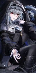 Rule 34 | 1girl, arknights, ass, black dress, black thighhighs, blood, blood on clothes, blood on face, blood on hands, blue blood, blush, breasts, circular saw, commentary, dress, feet out of frame, finger to mouth, grey hair, habit, highres, jewelry, knees up, long hair, long sleeves, looking at viewer, medium breasts, mo komo momo, necklace, nun, parted lips, red eyes, saw, solo, specter (arknights), thighhighs, very long hair