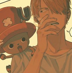 Rule 34 | 2boys, antlers, between fingers, blonde hair, cigarette, commentary request, facial hair, hair over one eye, hat, holding, holding cigarette, horns, looking at another, male focus, multiple boys, one piece, portrait, profile, sanji (one piece), short hair, smoking, teeth, tonta (tonta1231), tony tony chopper