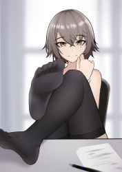 Rule 34 | 1girl, absurdres, bingzhi juzi, black thighhighs, brown eyes, chair, chinese commentary, closed mouth, contract, feet, foot focus, girls&#039; frontline, girls&#039; frontline 2: exilium, grey hair, highres, legs, legs on table, looking at viewer, no shoes, paper, pencil, scar, scar across eye, short hair, simple background, sitting, smile, soles, solo, table, thighhighs, toes, ump45 (girls&#039; frontline)