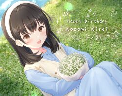 Rule 34 | 1girl, :d, black hairband, blue dress, blush, bouquet, brown eyes, brown sweater vest, character name, commentary request, dated, dress, flower, hairband, happy birthday, holding, holding bouquet, long hair, long sleeves, looking at viewer, nirei nozomi, open mouth, real life, sitting, smile, solo, sweater vest, voice actor, white flower, white hairband, yutuki ame