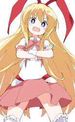 Rule 34 | 1girl, amae koromo, blonde hair, blue eyes, crossed arms, hairband, ixy, long hair, looking at viewer, open mouth, red hairband, red skirt, saki (manga), short sleeves, simple background, skirt, solo, thighhighs, very long hair, white background, white thighhighs
