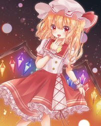 Rule 34 | 1girl, absurdres, blonde hair, cowboy shot, crystal wings, dress, flandre scarlet, frilled dress, frills, hand up, hat, hat ribbon, highres, mimi89819132, open mouth, red eyes, red ribbon, ribbon, side ponytail, solo, touhou, white mob cap, wrist cuffs