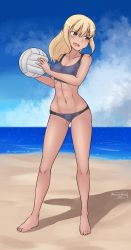 Rule 34 | 1girl, 2020, abs, absurdres, artist name, beach volleyball, bikini, black eyes, blonde hair, blue sky, bookmarkahead, breasts, cleavage, cloud, dated, gluteal fold, groin tendon, highres, horizon, marian e. carl, navel, ocean, sand, shadow, sky, solo, swimsuit, world witches series