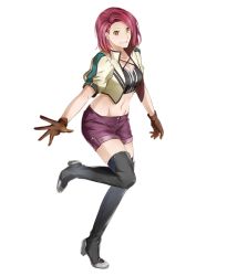 Rule 34 | 1girl, black footwear, boots, breasts, brown gloves, cleavage, crop top, full body, gloves, grin, hair ornament, hairclip, kurose nao, leg up, looking at viewer, medium breasts, midriff, navel, outstretched arm, purple shorts, red hair, rose (tales), short hair, short shorts, shorts, simple background, smile, solo, standing, standing on one leg, stomach, tales of (series), tales of zestiria, thigh boots, thighhighs, white background, yellow eyes, zettai ryouiki