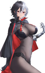 Rule 34 | 1girl, absurdres, azur lane, black bodysuit, black capelet, black hair, bodystocking, bodysuit, breasts, bruenhilde (azur lane), capelet, closed mouth, covered navel, cowboy shot, cross, gauntlets, hai maker, hair between eyes, hand up, highres, horns, iron cross, large breasts, looking at viewer, multicolored hair, red eyes, short hair, simple background, solo, split-color hair, waist cape, white background, white hair