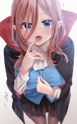 Rule 34 | 1girl, absurdres, ascot, black cloak, black pantyhose, black skirt, blue cardigan, blue eyes, blurry, blush, breasts, brown hair, cardigan, chigusa minori, cloak, collared shirt, commentary request, cowboy shot, dress shirt, fangs, go-toubun no hanayome, hair between eyes, hand up, highres, large breasts, long hair, long sleeves, looking at viewer, nakano miku, open mouth, pantyhose, pleated skirt, shirt, sidelocks, simple background, skirt, solo, sweatdrop, teeth, translation request, vampire, white ascot, white background, white shirt