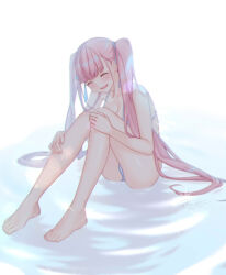 Rule 34 | 1girl, barefoot, bikini, blush, closed eyes, full body, hair ribbon, hands on own knees, head tilt, highres, knees up, long hair, nana mikoto, open mouth, original, pink hair, ribbon, ripples, sitting, smile, solo, sparkle, swimsuit, twintails, very long hair, water