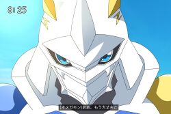 Rule 34 | blue eyes, digimon, digimon (creature), horns, japanese text, looking at viewer, omegamon, solo, translation request