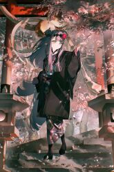 Rule 34 | 1girl, black footwear, black hairband, black haori, black jacket, blunt bangs, braid, braided bun, double bun, fcjfior, floral print, flower, hair bun, hair flower, hair ornament, hairband, hand up, haori, highres, hololive, hololive english, jacket, japanese clothes, kimono, long hair, long sleeves, mole, mole under eye, multicolored hair, ninomae ina&#039;nis, ninomae ina&#039;nis (new year), official alternate costume, official alternate hairstyle, pointy ears, print kimono, purple hair, shrine, smile, solo, stairs, tentacle hair, tree, very long hair, virtual youtuber, wide sleeves