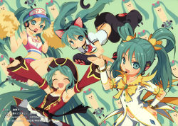 Rule 34 | 1girl, absurdres, ame nochi sweet drops (vocaloid), animal ears, animal hands, bracelet, cat ears, cat tail, closed eyes, creator connection, dear cocoa girls (vocaloid), detached sleeves, fake animal ears, green hair, hat, hato (vocaloid), hatsune miku, headset, highres, jewelry, long hair, mao yu, microphone, midriff, miku miku kin ni gochuui (vocaloid), multiple persona, open mouth, pom pom (cheerleading), project diva, project diva (series), skirt, song name, songover, tail, twintails, vocaloid