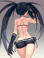 Rule 34 | 1girl, ass, back, bare shoulders, bikini, bikini top only, black gloves, black hair, black panties, black rock shooter, black rock shooter (character), black shorts, butt crack, elbow gloves, from behind, gloves, gradient background, grey background, long hair, ninopal, panties, short shorts, shorts, side-tie panties, simple background, solo, swimsuit, twintails, underwear, uneven twintails, very long hair, whale tail (clothing)