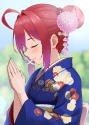 Rule 34 | 1girl, alternate hairstyle, blue kimono, blush, closed eyes, dorachan r, floral print, hair bun, hatsumoude, highres, i-168 (kancolle), japanese clothes, kantai collection, kimono, long hair, long sleeves, new year, obi, outdoors, palms together, ponytail, praying, red hair, sash, smile, solo, wide sleeves