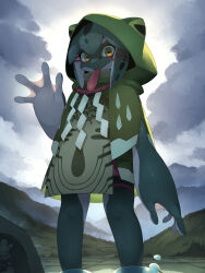 Rule 34 | 1girl, backlighting, capelet, cloud, cloudy sky, colored skin, dress, female focus, fewer digits, frog girl, green skin, hair ornament, highres, hood, hood up, hooded capelet, horizontal pupils, kamukamu6392, long tongue, looking at viewer, monster girl, mountain, original, outdoors, sky, smile, solo, standing, tongue, waving, webbed hands, x hair ornament, yellow eyes