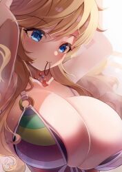 Rule 34 | 1girl, absurdres, arms behind head, artist name, bikini, blonde hair, blue eyes, blush, breasts, cleavage, collarbone, front-tie bikini top, front-tie top, hair tie in mouth, highres, idolmaster, idolmaster cinderella girls, idolmaster cinderella girls starlight stage, jewelry, large breasts, long hair, looking at viewer, mouth hold, multicolored bikini, multicolored clothes, necklace, ohtsuki yui, satoyama meu, simple background, solo, sunlight, swimsuit