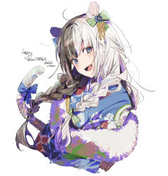 Rule 34 | 1girl, 2022, :d, ahoge, animal ears, blue eyes, blue ribbon, blush, bow, braid, cat ears, cat tail, ear bow, floral print, flower, freckles, fur-trimmed kimono, fur trim, green bow, grey hair, hair between eyes, hair bow, happy new year, japanese clothes, kimono, long hair, looking at viewer, nagu, new year, open mouth, original, ribbon, smile, solo, striped, striped bow, tail, tail ornament, tail ribbon, teeth, twin braids, upper body