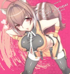 Rule 34 | 1girl, animal ears, antenna hair, arc system works, bare shoulders, bent over, blazblue, blazblue: continuum shift, blush, breasts, brown eyes, brown hair, cleavage, english text, engrish text, fingerless gloves, gloves, happy birthday, jou (mono), makoto nanaya, ranguage, short hair, skirt, smile, solo, squirrel ears, squirrel tail, tail, thighhighs