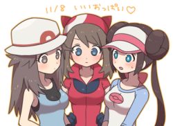 Rule 34 | 00s, 10s, 3girls, agata (agatha), bad id, bad pixiv id, bandana, blue eyes, blush, bow, brown eyes, brown hair, creatures (company), double bun, game freak, gloves, hair bun, hat, heart, leaf (pokemon), long hair, looking at breasts, may (pokemon), multiple girls, nintendo, open mouth, pokemon, pokemon bw2, pokemon frlg, pokemon rse, rosa (pokemon), simple background, sleeveless, translated, twintails, two side up, upper body, white background