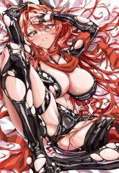 Rule 34 | 1girl, arms up, bed sheet, between breasts, black gloves, black jacket, black pants, blush, breasts, cleavage, collarbone, commentary request, cropped jacket, crotch plate, fingerless gloves, gloves, goddess of victory: nikke, hair between eyes, heta2624, highres, horns, jacket, knee up, large breasts, leather, leather jacket, leather pants, long hair, long sleeves, looking at viewer, lying, mechanical horns, navel, on back, pants, parted lips, partial commentary, red hair, red hood (nikke), red scarf, scarf, sidelocks, skindentation, solo, spread legs, stomach, strap between breasts, suspenders, torn clothes, torn jacket, torn pants, yellow eyes
