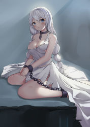 Rule 34 | 1girl, absurdres, avrora (azur lane), avrora (shackled saule) (azur lane), azur lane, bare shoulders, blue eyes, blush, breasts, cleavage, cuffs, highres, large breasts, long hair, looking at viewer, northen parliament, open mouth, shackles, simple background, sitting, solo, white hair, xiao bailong